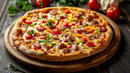 Pizza with meat and vegetables on a wooden plate