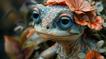 Cute Fantasy Frog with Flowers - Digital Art