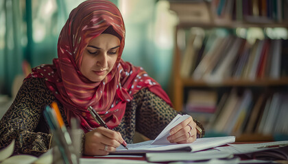 Sticker - A woman wearing an orange scarf is typing on a laptop