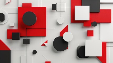 3D rendering of geometric background with balls and other shapes in red, white and black colors