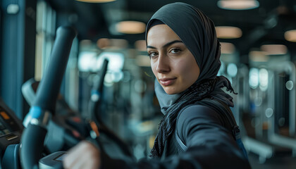 Poster - A woman wearing a blue scarf stands in front of a machine