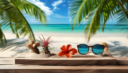 Tropical beach summer product showcase on wooden podium by the sea