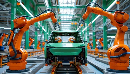 Futuristic 3D Car Factory with Automated Robot Arms in Advanced Electric Vehicle Production Line Featuring Green Energy Solutions and Industrial Welding Operations