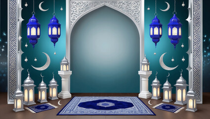 Wall Mural - An elegant Ramadan scene featuring lanterns, crescent moons, stars, and ornate prayer rugs, creating a serene and spiritual atmosphere with Islamic architectural elements.