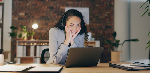 Poster - Video call, good news and woman with headset, laptop and excited in office for late night webinar. Consultant, advisor or virtual assistant in online meeting with celebration, success or achievement