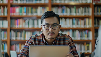 A man wearing a hat is sitting at a table with a laptop open