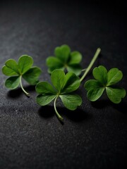 Canvas Print - Three Green Clovers in a Row on Black Background