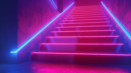 Poster - Neon-lit staircase in a futuristic environment with glowing pink and purple hues