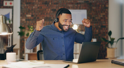 Poster - Black man, success and headset in office for call center, contact us and customer service with sales. Agent, happy and celebration in workplace for communication, lead generation or technical support