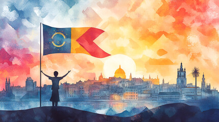 
Watercolor illustration for portugal day with the national flag of portugal and city silhouette.