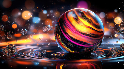 Abstract background with colorful marbles and glass spheres, light reflections on the surface of a liquid, blurred lights