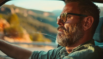 Poster - A man with glasses is driving a car and looking out the window