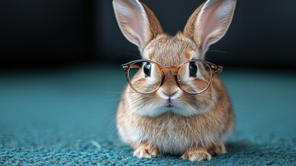 Sticker - Cute rabbit wearing glasses sits on a blue carpet, showcasing its adorable features in a cozy indoor setting