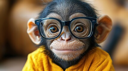 A young monkey wearing glasses and an orange sweater poses cutely indoors in a cozy environment