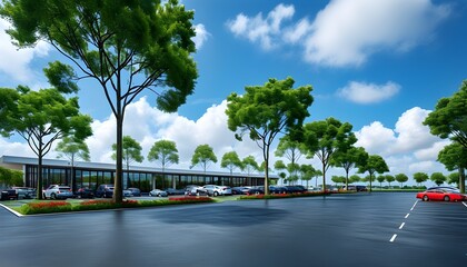 Canvas Print - Expansive asphalt parking lot adorned with trees under a blue sky and white clouds, featuring a prominent hall building in the backdrop