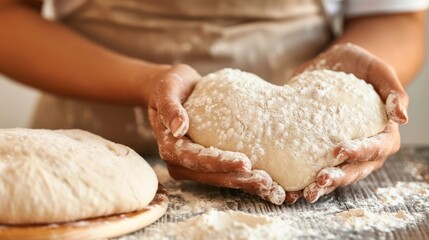 Wall Mural - Heart-Shaped Dough in Woman's Hands on Dark Wooden Table: Bakery Food Photography Background