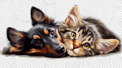 A cute and playful mixed breed terrier dog and a tabby cat laying together with happy expressions. Extracted on transparent background. transparent background