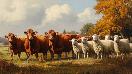 Poster - Autumn Pastoral: Cows and Sheep in a Golden Meadow