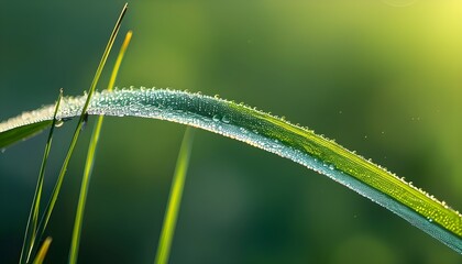 Wall Mural - Dew-Kissed Grass Blades Radiating Freshness and Serenity in Natures Morning Beauty