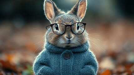 Wall Mural - A fashionable rabbit wearing glasses and a cozy sweater enjoys a leisurely autumn day among fallen leaves in a tranquil forest setting