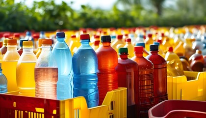 Wall Mural - Colorful plastic bottles in yellow and red crates basking under warm sunlight, highlighting the importance of sustainability and eco-consciousness.