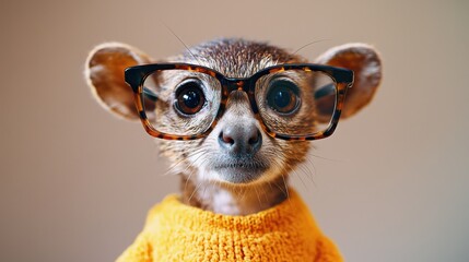 Sticker - Adorable pet wearing glasses and a sweater poses warmly indoors on a sunny afternoon