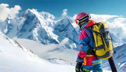 Wall Mural - Thrilling High-Altitude Skiing Adventure Against Majestic Snow-Capped Mountains