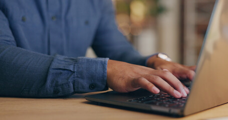 Poster - Laptop, office and hands of business person on computer for online project, proposal and research. Corporate, professional and keyboard for internet, website and planning at desk for career.