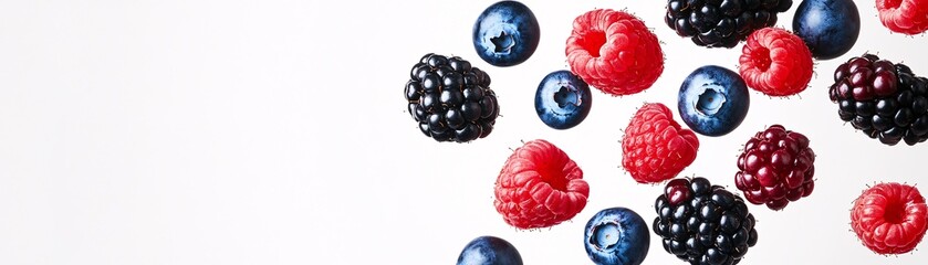 A close up of a bunch of berries including blueberries and raspberries