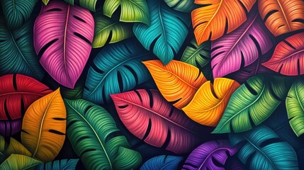 Overlapping jungle leaves in vivid colors, twisting into an intricate pattern with delicate veins and edges, set against a sun-drenched backdrop