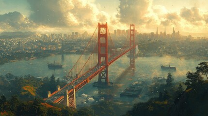 Wall Mural - A scenic view of a bridge over a cityscape with water and clouds.