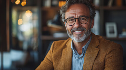 Canvas Print - Smiling man in glasses and a brown jacket.