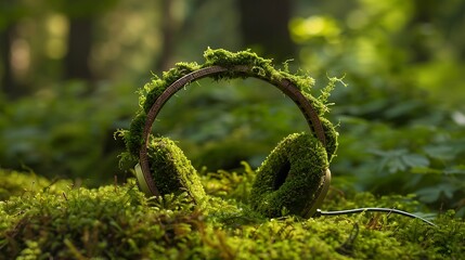 Wall Mural - Podcast themed headphones earphones and headset made of forest green moss