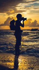 Wall Mural - Silhouette of young photographer on the beach with generative ai