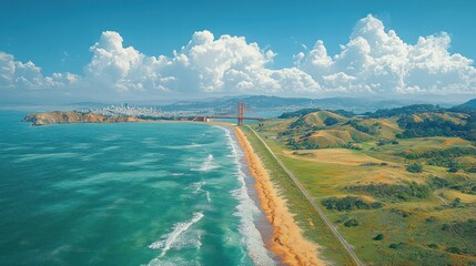 Wall Mural - Scenic view of coastline and bridge under a blue sky with clouds.