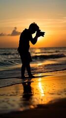 Wall Mural - Silhouette of young photographer on the beach with generative ai