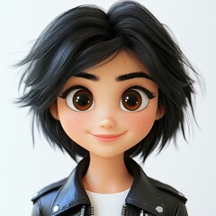 Poster - A cute young girl has big eyes and a warm smile, dressed in a black leather jacket, set against a clean white backdrop.