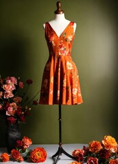 Wall Mural - Fashionable evening orange summer dress on a mannequin. ai generative. ai generative