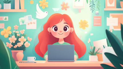 Poster - A vibrant redhaired freelancer brings creativity to life in a cozy space filled with colorful indoor plants.