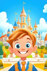 Poster - A cheerful cartoon prince smiles with wavy blond hair, set against a sunny blue sky and a grand castle backdrop.