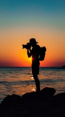 Wall Mural - Silhouette of young photographer on the beach with generative ai