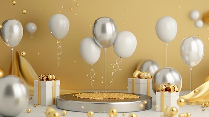 Poster - Podium birthday balloon gift festive silver stand platform winner stage gold background product