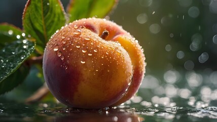 Mouth-watering  juicy ripe peach glistening with water droplets