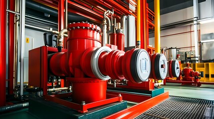 Wall Mural - Red Industrial Pump System in a Modern Facility