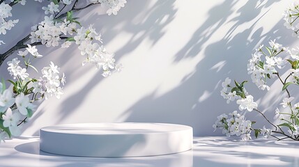 Wall Mural - Podium stand background scene floral mockup cosmetic white blossom summer abstract shadow platform minimal design render