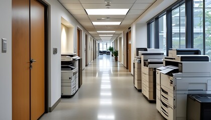 Wall Mural - Bright and contemporary office corridor featuring printers and copiers under fluorescent lights, guiding towards a cozy seating space in the distance