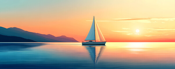 Wall Mural - Sailing yacht gliding on azure waters. Vector flat minimalistic isolated illustration.