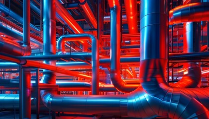 Intriguing industrial pipeline network illuminated by striking red and blue lighting in a modern, dynamic environment