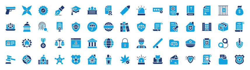 Law and Justice set of blue icons. Law and Justice icon. Pistol, Ninja Blade, Approved, Audience, Graduation Hat, Pen, Authority, Legal Paper, Prison Cell, Siren vector illustration.