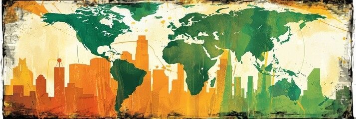 Poster - Global Cityscape  A Grunge World Map With Urban Skyline, Representing Global Connection